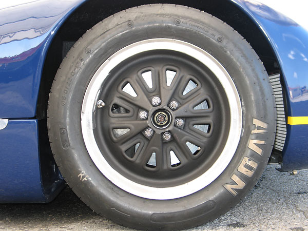 Reproduction Elva magnesium racing wheels from Lee Chapman Racing (13x6 front and 13x7 rear.)