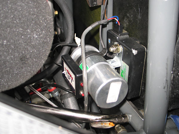 JAE Racing electronic rev limiter, Lucas Sport ignition coil, and Lucas AB14 electronic ignition amplifier.