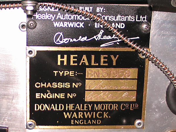 4: Chassis plate with Geoff Healey and Roger Menadue signatures