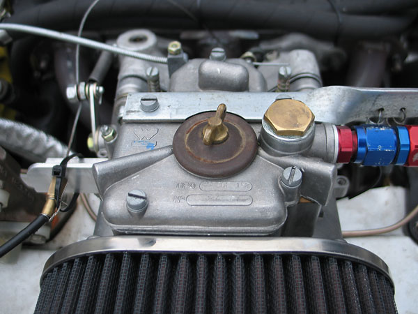 Weber DCOE carb on 6 inch Dellorto (4030) manifold, fitted with K&N gauze air filter.