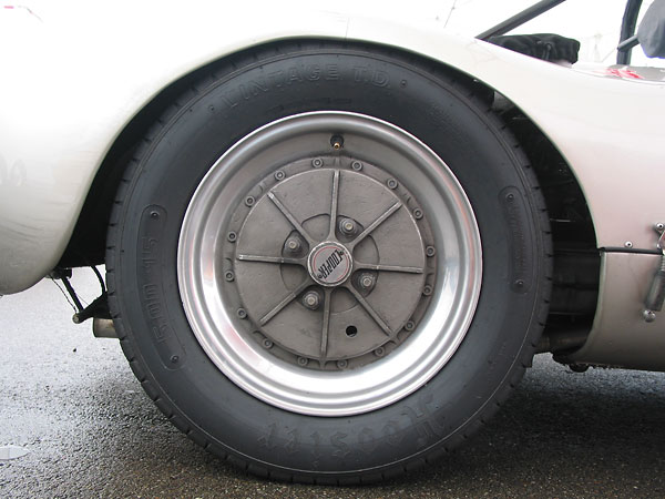 Dunlop Racing CR48 4.50L-15 (front) and Hoosier Vintage TD 5.00-15 (rear) tires.
