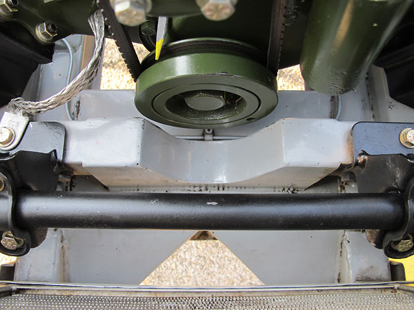 Front crossmember modified to provide convenient access to the harmonic balancer bolt.