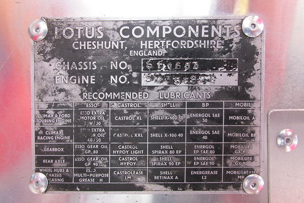 Lotus Seven: Chassis No. SB1653. Engine No. S235682E.