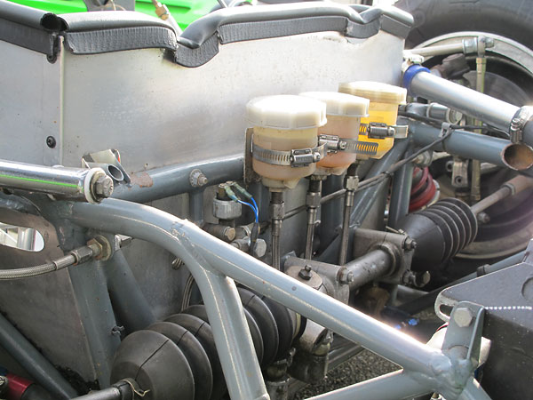 Dual Girling brake master cylinders and clutch master cylinder, all with remote reservoirs.