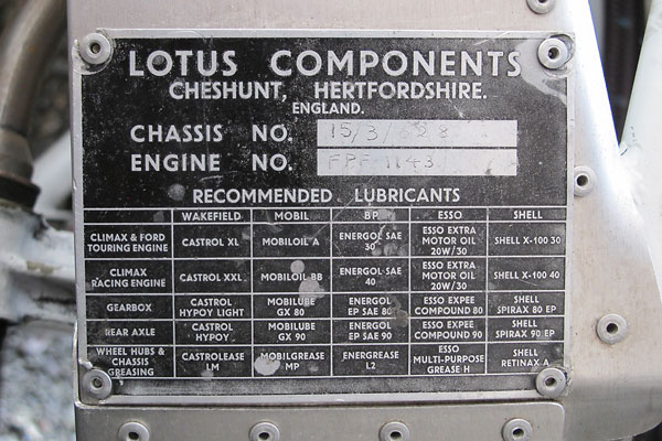 Lotus 15 Chassis number 15/3/628, engine number FPF 1143.