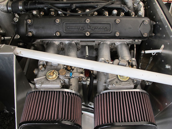 Dual Weber carburetors mounted on custom fabricated aluminum intake manifolds.