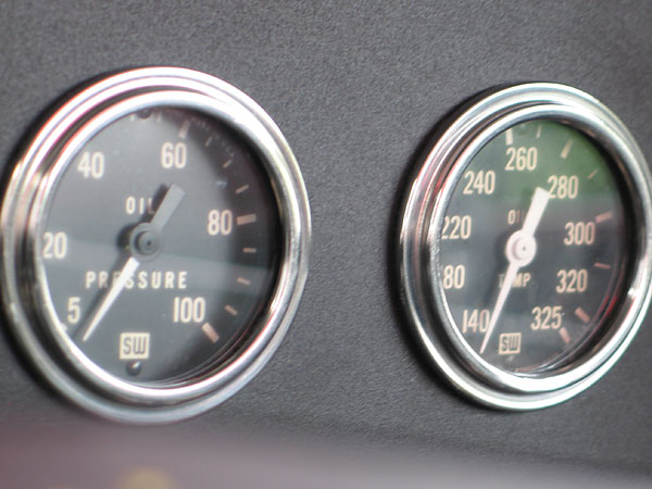 Stewart Warner oil pressure (5-100psi) and oil temperature (140-325F) gauges.