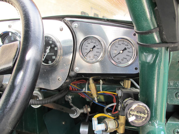 Twin mini brake pressure gauges help Jerry dial-in his brake bias.