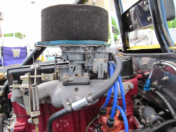 RamFX foam air filter atop a Weber 32/36 DGAV carburetor. BAT throttle linkage.