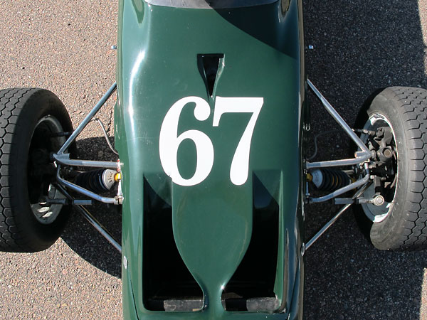 The dramatically updated anti-dive front suspension of the Merlyn Mk20 Formula Ford (circa 1971.)