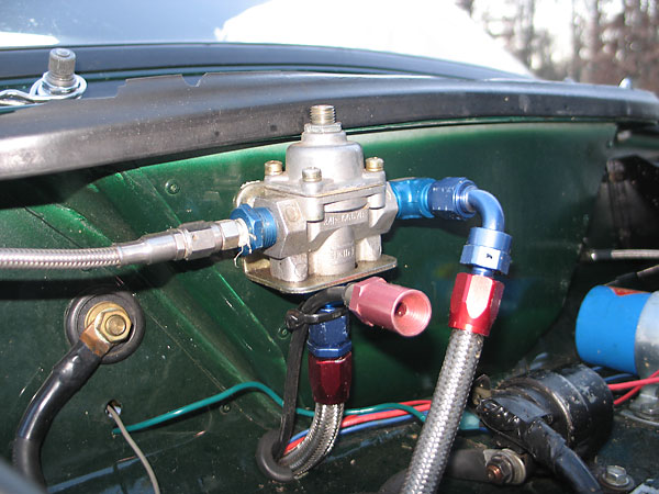 Holley fuel pressure regulator. (Underneath it is a nozzle for the fire suppression system.)